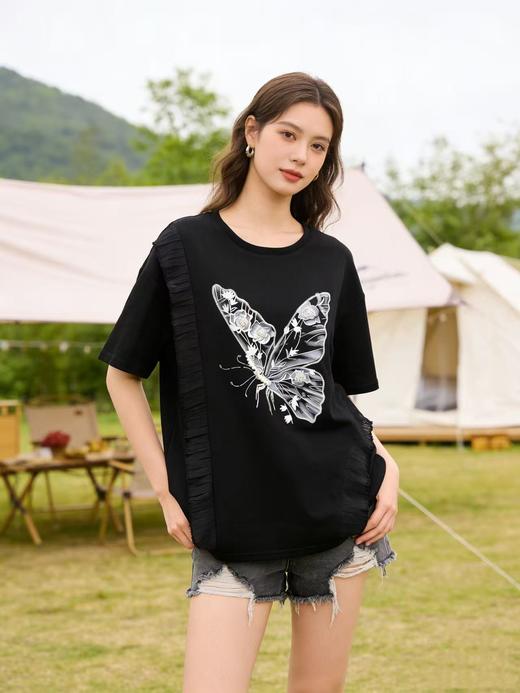 大版【自营】工艺/重工！手工钉珠➕刺绣➕盘扣蝴蝶！潮牌复古宽松设计感中长短袖T恤-喜出 商品图0