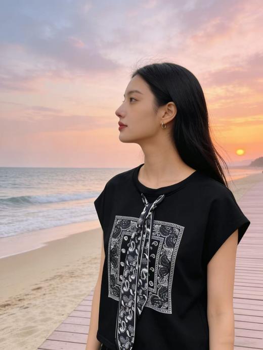 重工/工艺T【自营】腰果花丝巾烫钻！韩系设计感95棉短袖T恤夏季-喜出 商品图2