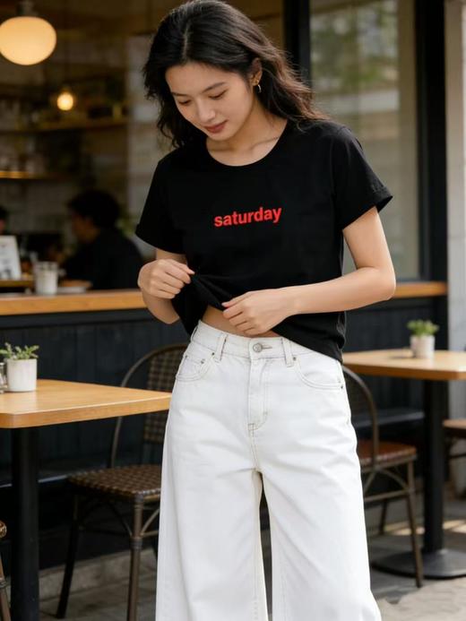 任选2件39.9元！超高性价比【自营】Saturday黑红字母印花！7688精梳棉95%圆领短袖T恤上衣-喜出 商品图2