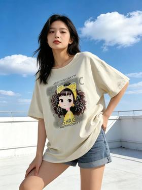 大版【自营】工艺/重工！亮片字母➕可爱女孩印花！后背网纱蝴蝶结宽松设计感中长短袖T恤-喜出