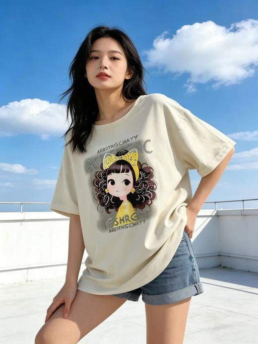 大版【自营】工艺/重工！亮片字母➕可爱女孩印花！后背网纱蝴蝶结宽松设计感中长短袖T恤-喜出 商品图0