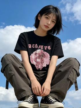 重工/工艺T【自营】刺绣➕粉色芭蕾小象！韩系设计感90棉T恤夏季-喜出