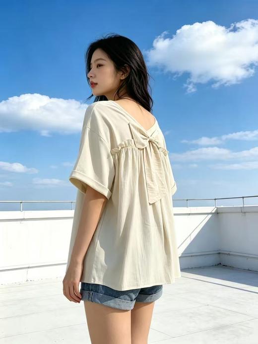 大版【自营】工艺/重工！亮片字母➕可爱女孩印花！后背网纱蝴蝶结宽松设计感中长短袖T恤-喜出 商品图1