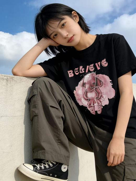 重工/工艺T【自营】刺绣➕粉色芭蕾小象！韩系设计感90棉T恤夏季-喜出 商品图3