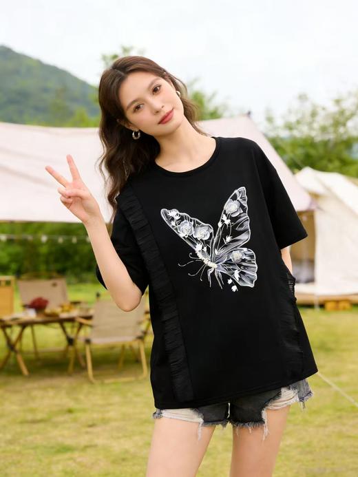 大版【自营】工艺/重工！手工钉珠➕刺绣➕盘扣蝴蝶！潮牌复古宽松设计感中长短袖T恤-喜出 商品图1