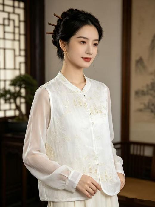 重工刺绣【自营】烟雨楼台！立领刺绣重工网纱新中式立体包边单件马甲上衣-喜出 商品图1