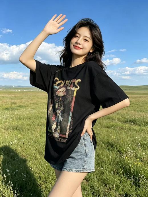 大版【自营】工艺/重工！亮片字母➕刺绣！潮牌复古宽松设计感中长短袖T恤-喜出 商品图2