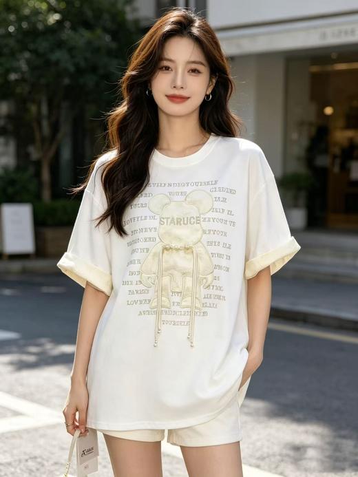 大版【自营】工艺/重工！彩钻➕提花盘扣小熊！潮牌复古宽松设计感中长短袖T恤-喜出 商品图1