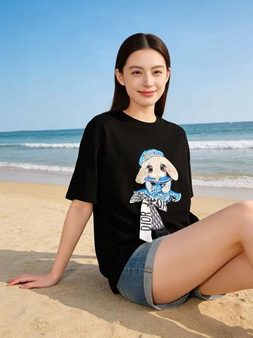 大版【自营】工艺/重工！镶钻精致兔子刺绣➕钉珠！潮牌复古宽松设计感中长短袖T恤-喜出 商品图3