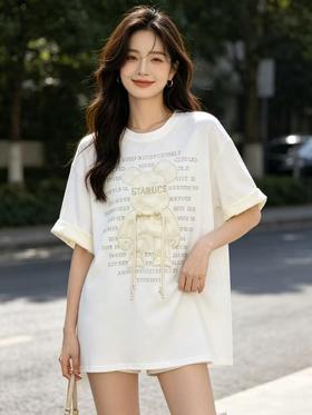 大版【自营】工艺/重工！彩钻➕提花盘扣小熊！潮牌复古宽松设计感中长短袖T恤-喜出