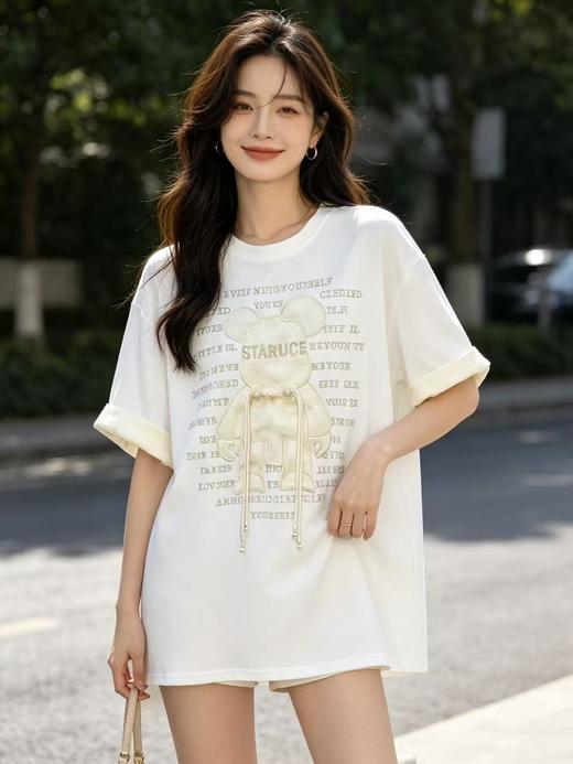 大版【自营】工艺/重工！彩钻➕提花盘扣小熊！潮牌复古宽松设计感中长短袖T恤-喜出 商品图0