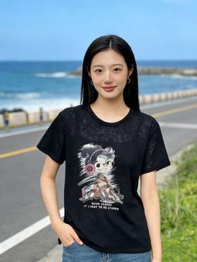 重工/工艺T【自营】可爱女孩➕粉色烫钻耳机！微透韩系设计感95棉短袖T恤夏季-喜出