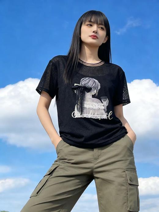 重工/工艺T【自营】柳钉钻➕蝴蝶结飘带女孩！微透韩系设计感T恤夏季-喜出 商品图1