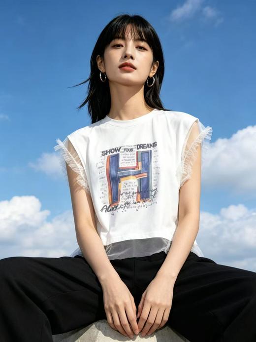 重工/工艺T【自营】超仙气网纱款！韩系设计感短袖90棉T恤夏季-喜出 商品图2