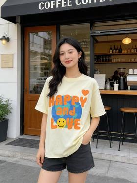 任选2件39.9元！超高性价比【自营】HAPPY米色大版 95%棉夏季T恤宽松上衣-喜出