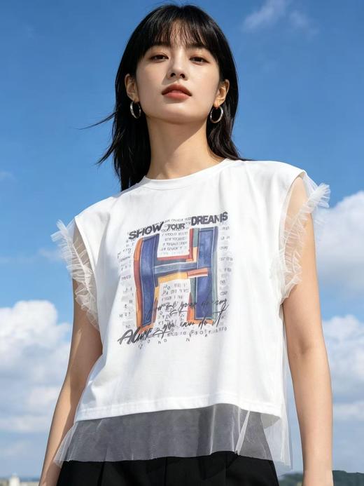 重工/工艺T【自营】超仙气网纱款！韩系设计感短袖90棉T恤夏季-喜出 商品图3