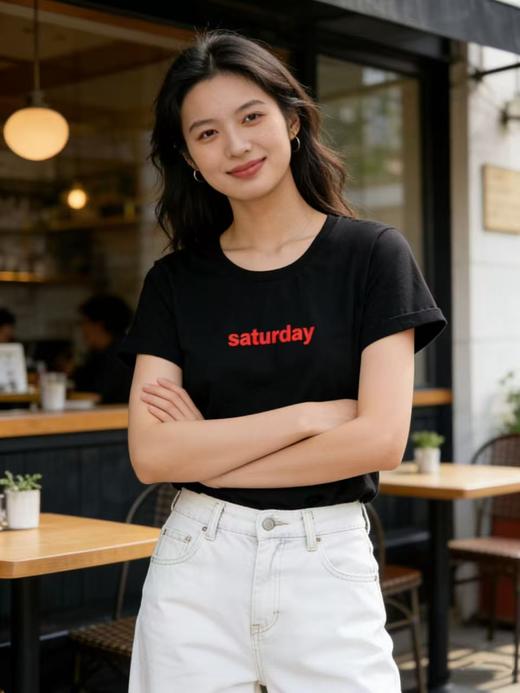 任选2件39.9元！超高性价比【自营】Saturday黑红字母印花！7688精梳棉95%圆领短袖T恤上衣-喜出 商品图3