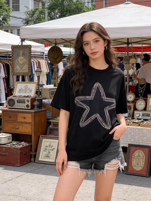 大版【自营】工艺/重工！烫钻➕刺绣边星星！潮牌复古宽松设计感中长短袖T恤-喜出 商品图1