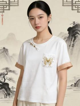 重工/工艺T【自营】新中式拼袖➕重工刺绣蝴蝶！韩系设计感90棉T恤夏季-喜出