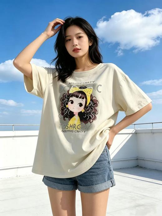 大版【自营】工艺/重工！亮片字母➕可爱女孩印花！后背网纱蝴蝶结宽松设计感中长短袖T恤-喜出 商品图2