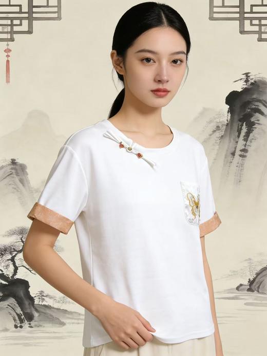 重工/工艺T【自营】新中式拼袖➕重工刺绣蝴蝶！韩系设计感90棉T恤夏季-喜出 商品图3