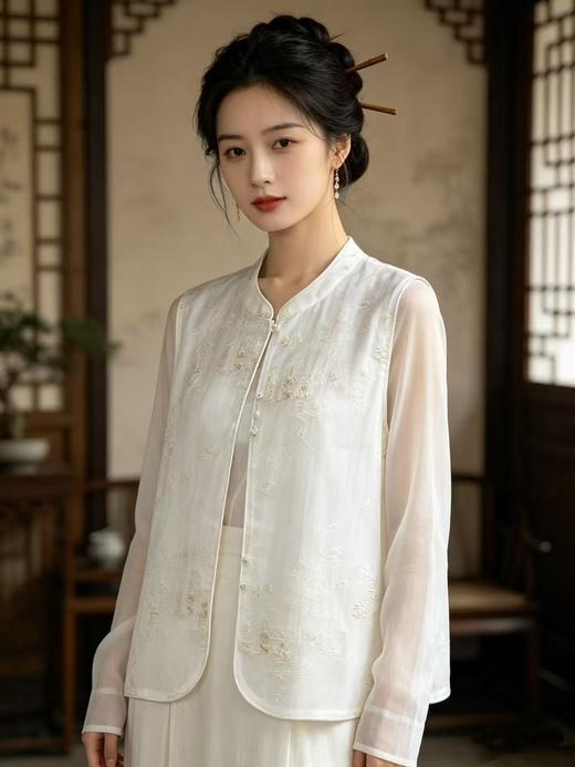 重工刺绣【自营】烟雨楼台！立领刺绣重工网纱新中式立体包边单件马甲上衣-喜出 商品图0