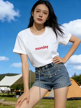 任选2件39.9元！超高性价比【自营】monday红印花字母！7688精梳棉！95%棉圆领短袖T恤上衣-喜出