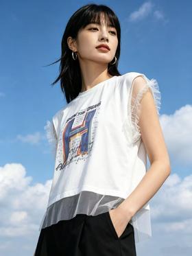 重工/工艺T【自营】超仙气网纱款！韩系设计感短袖90棉T恤夏季-喜出