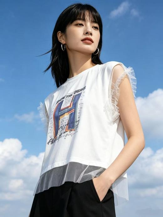 重工/工艺T【自营】超仙气网纱款！韩系设计感短袖90棉T恤夏季-喜出 商品图0