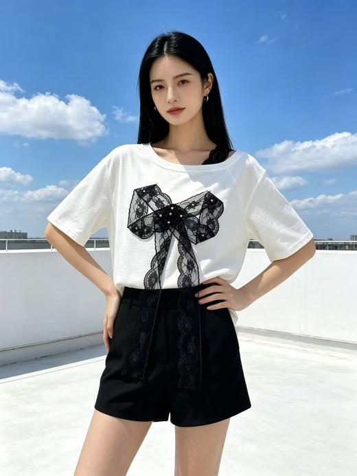 大版【自营】工艺/重工！蕾丝肩➕蝴蝶结钉珠！宽松设计感中长短袖T恤-喜出 商品图3