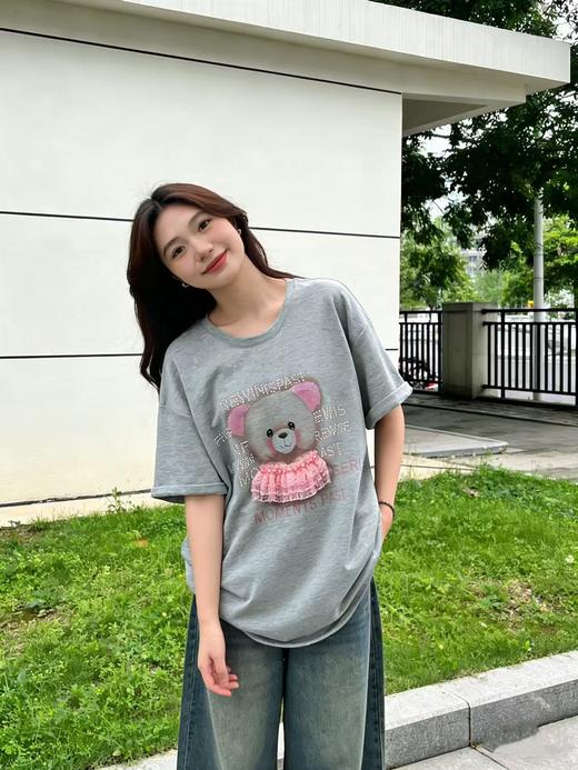 大版【自营】工艺/重工！蕾丝小熊➕烫钻！潮牌复古宽松设计感中长短袖T恤-喜出 商品图2