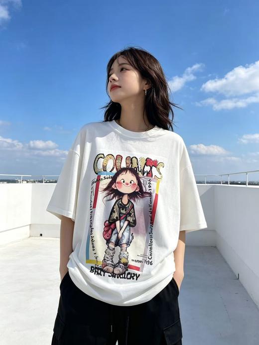 大版【自营】工艺/重工！亮片字母➕刺绣！潮牌复古宽松设计感中长短袖T恤-喜出 商品图4