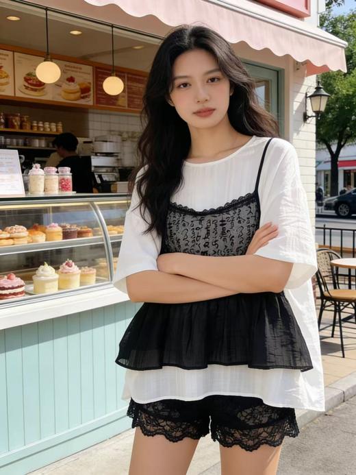 大版【自营】工艺/重工！假两件宽松设计感中长短袖T恤-喜出 商品图3