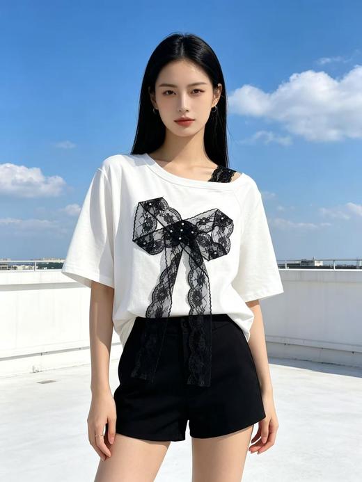 大版【自营】工艺/重工！蕾丝肩➕蝴蝶结钉珠！宽松设计感中长短袖T恤-喜出 商品图1