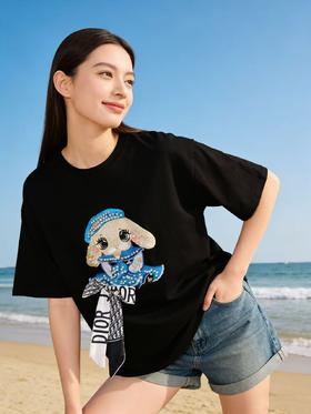 大版【自营】工艺/重工！镶钻精致兔子刺绣➕钉珠！潮牌复古宽松设计感中长短袖T恤-喜出