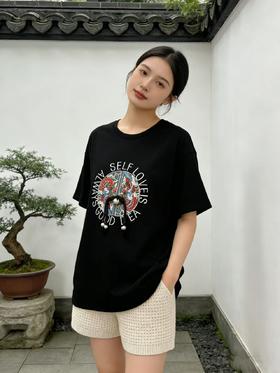 大版【自营】工艺/重工！彩盘口加国风网纱刺绣字母！潮牌复古宽松设计感中长短袖T恤-喜出