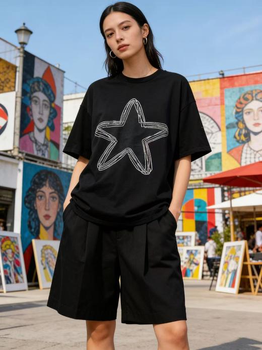 大版【自营】工艺/重工！烫钻➕刺绣边星星！潮牌复古宽松设计感中长短袖T恤-喜出 商品图0