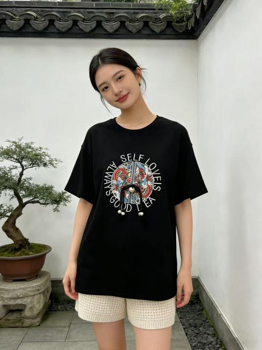 大版【自营】工艺/重工！彩盘口加国风网纱刺绣字母！潮牌复古宽松设计感中长短袖T恤-喜出 商品图3