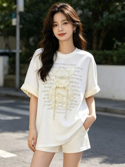 大版【自营】工艺/重工！彩钻➕提花盘扣小熊！潮牌复古宽松设计感中长短袖T恤-喜出 商品图2