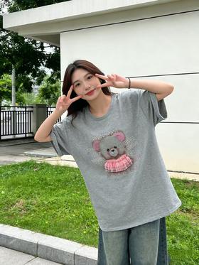 大版【自营】工艺/重工！蕾丝小熊➕烫钻！潮牌复古宽松设计感中长短袖T恤-喜出
