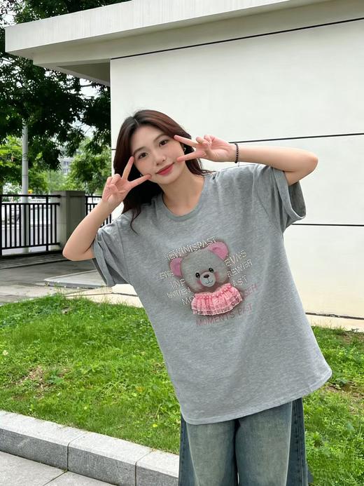 大版【自营】工艺/重工！蕾丝小熊➕烫钻！潮牌复古宽松设计感中长短袖T恤-喜出 商品图0
