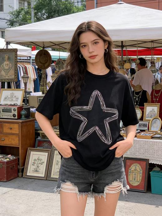 大版【自营】工艺/重工！烫钻➕刺绣边星星！潮牌复古宽松设计感中长短袖T恤-喜出 商品图2