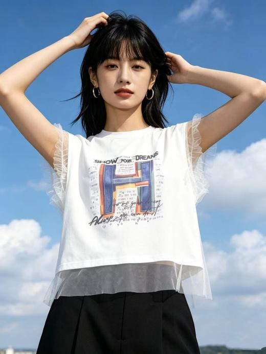 重工/工艺T【自营】超仙气网纱款！韩系设计感短袖90棉T恤夏季-喜出 商品图1