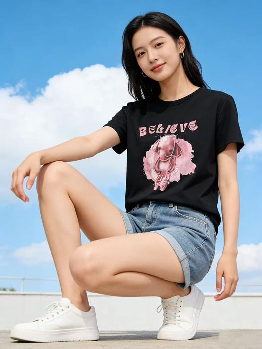 重工/工艺T【自营】刺绣➕粉色芭蕾小象！韩系设计感90棉T恤夏季-喜出 商品图2