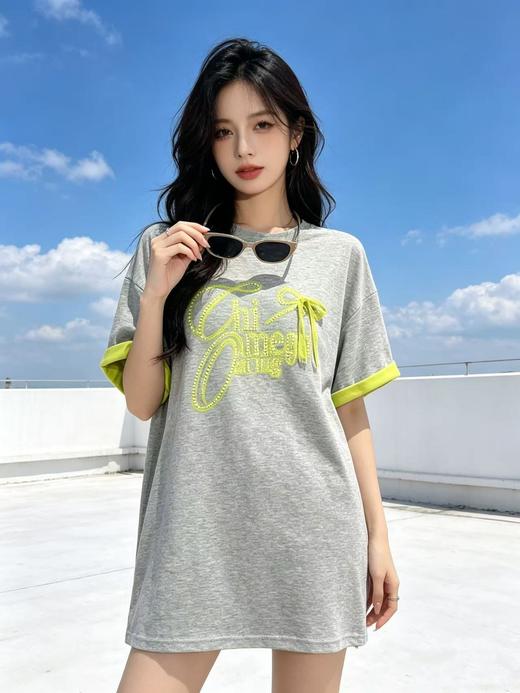 大版【自营】工艺/重工！重工烫钻➕拼色➕蕾丝蝴蝶结！潮牌宽松设计感中长短袖T恤-喜出 商品图1