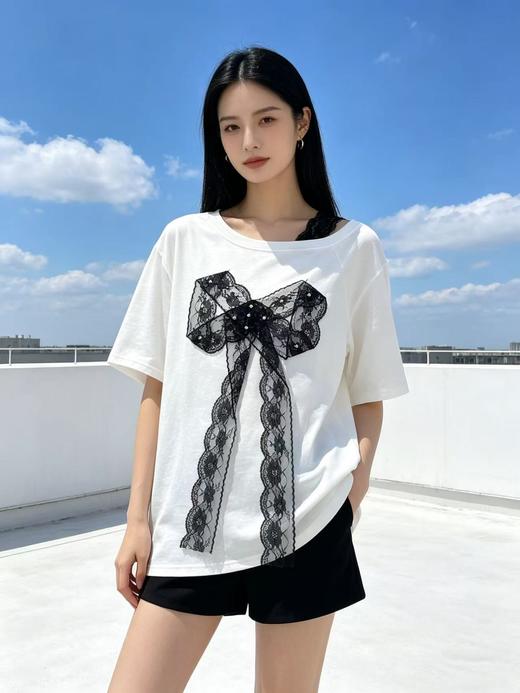 大版【自营】工艺/重工！蕾丝肩➕蝴蝶结钉珠！宽松设计感中长短袖T恤-喜出 商品图0