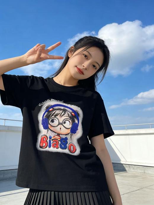 重工/工艺T【自营】卡通➕蓝色耳机烫钻！韩系设计感90棉T恤夏季-喜出 商品图3