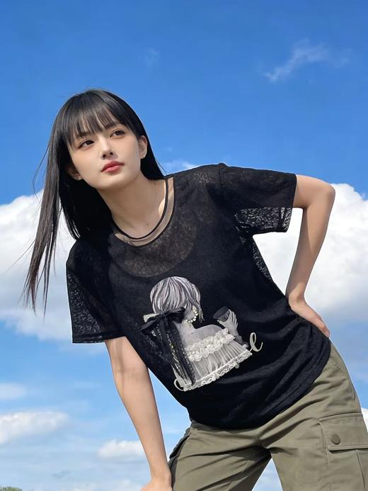 重工/工艺T【自营】柳钉钻➕蝴蝶结飘带女孩！微透韩系设计感T恤夏季-喜出 商品图2