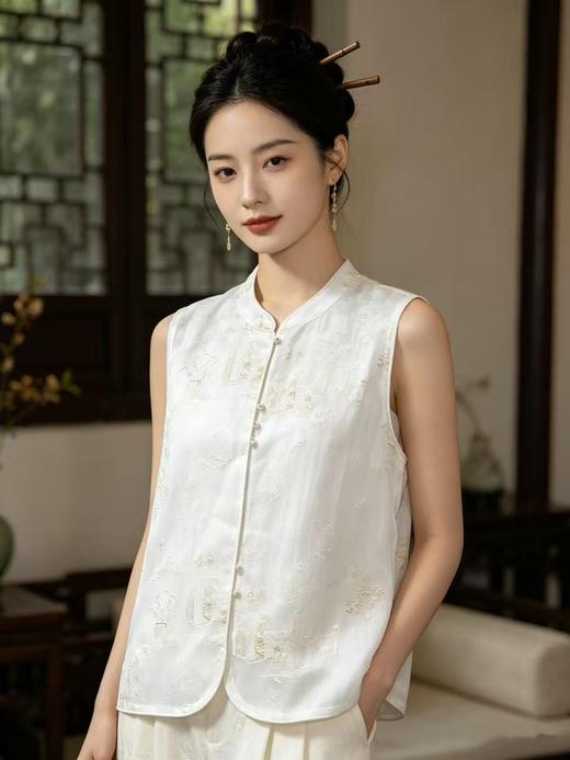 重工刺绣【自营】烟雨楼台！立领刺绣重工网纱新中式立体包边单件马甲上衣-喜出 商品图4