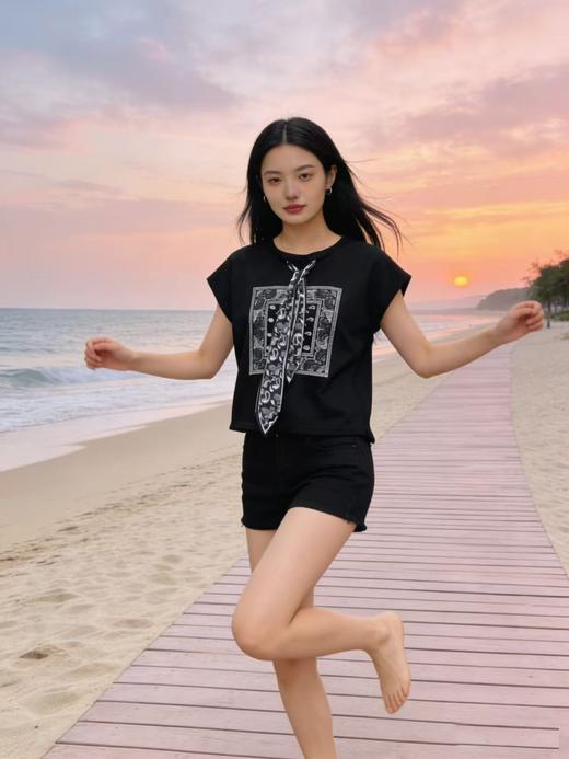 重工/工艺T【自营】腰果花丝巾烫钻！韩系设计感95棉短袖T恤夏季-喜出 商品图3